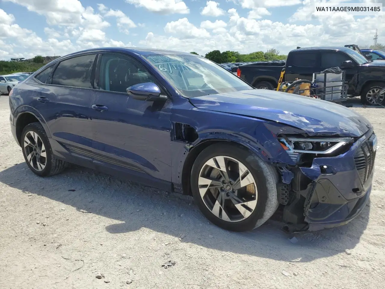 2021 Audi E-Tron Sportback Premium VIN: WA11AAGE9MB031485 Lot: 61032045