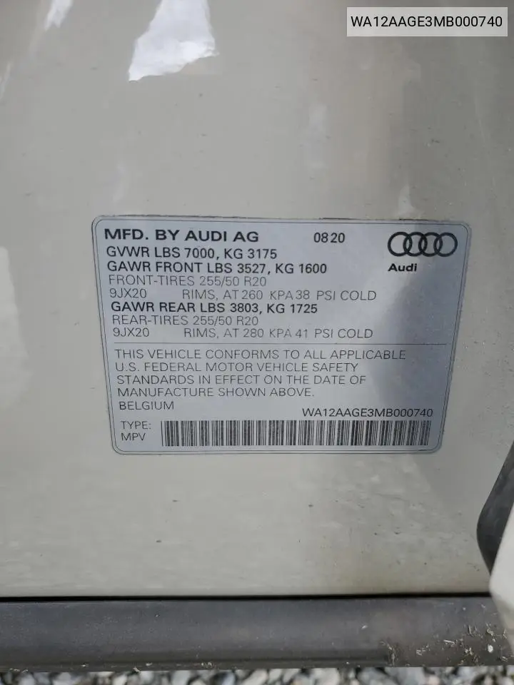 2021 Audi E-Tron Sportback Premium Plus VIN: WA12AAGE3MB000740 Lot: 61276315
