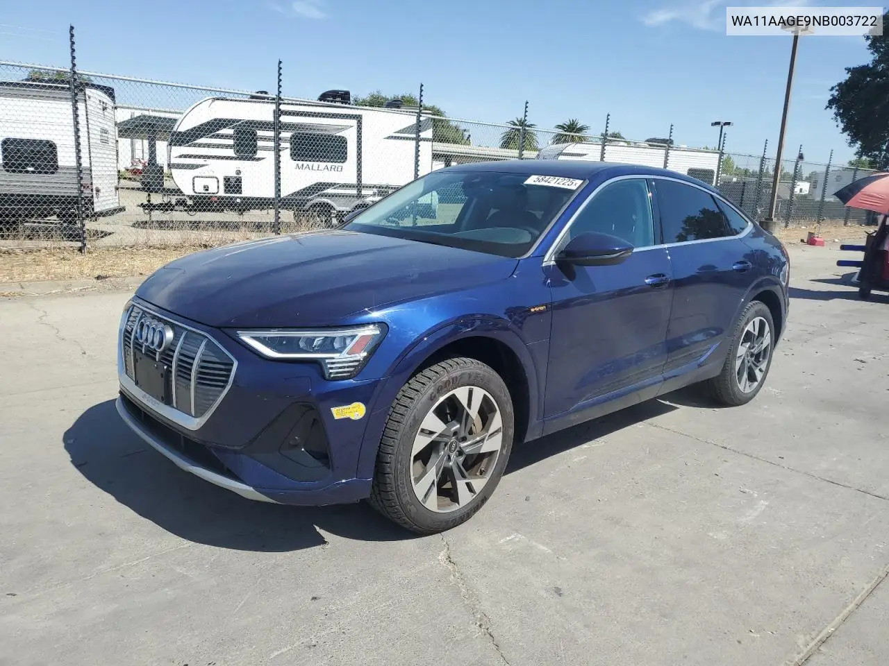 2022 Audi E-Tron Sportback Premium VIN: WA11AAGE9NB003722 Lot: 58421225