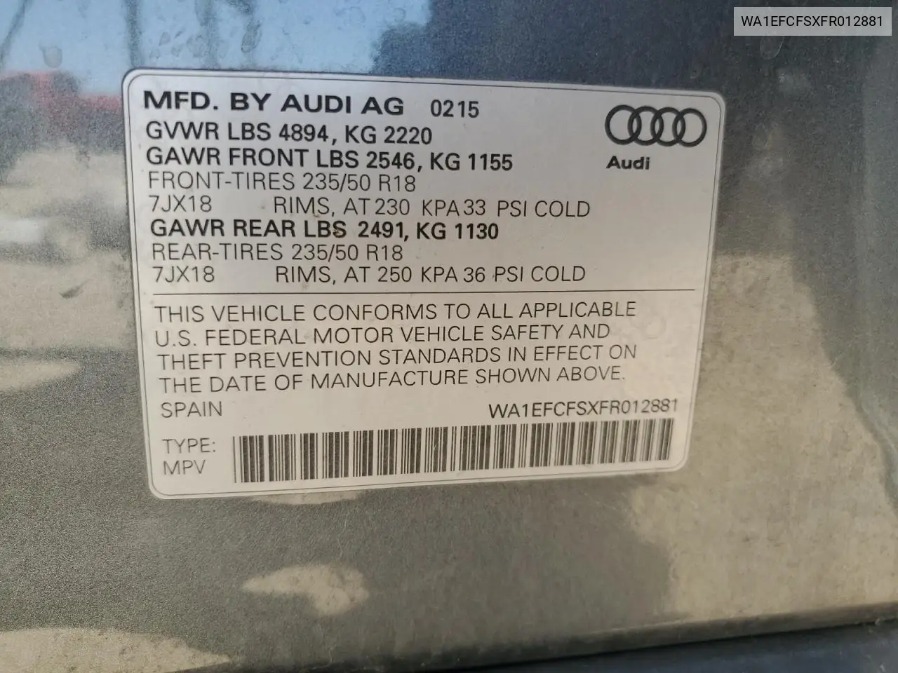 2015 Audi Q3 Premium Plus VIN: WA1EFCFSXFR012881 Lot: 62411795