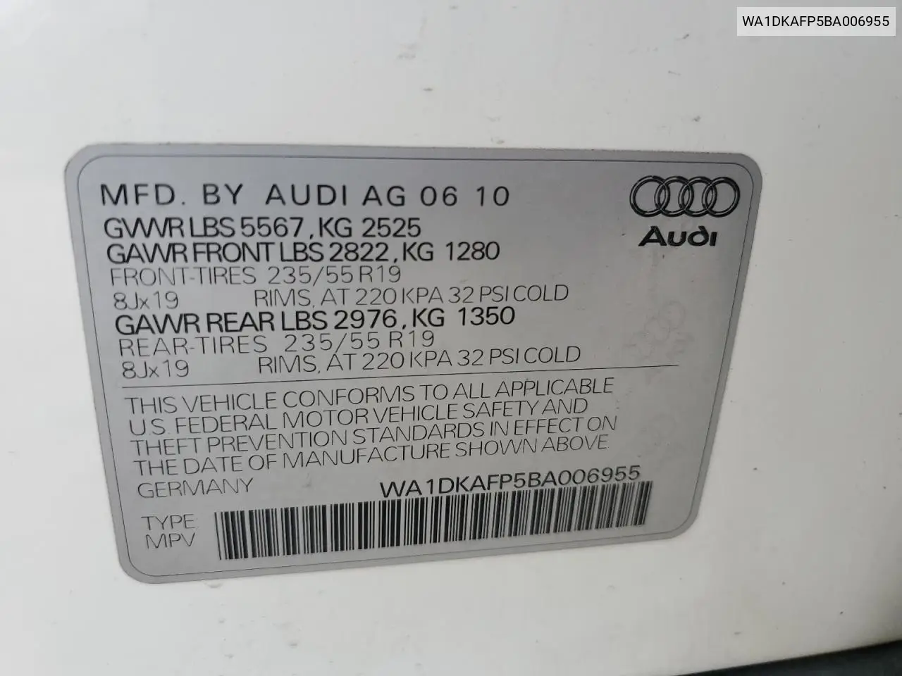 2011 Audi Q5 Premium Plus VIN: WA1DKAFP5BA006955 Lot: 55811355