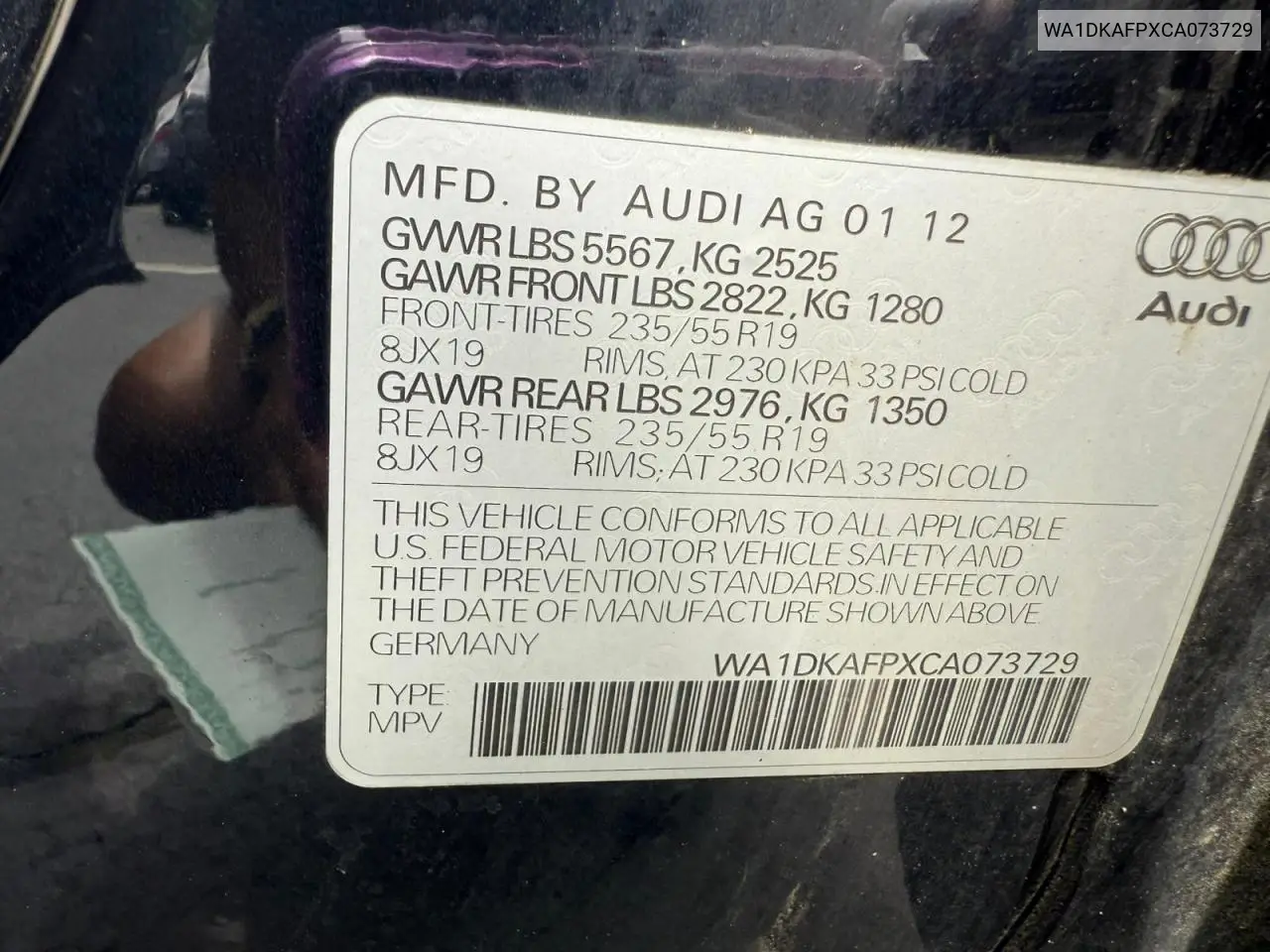 2012 Audi Q5 Premium Plus VIN: WA1DKAFPXCA073729 Lot: 64176255