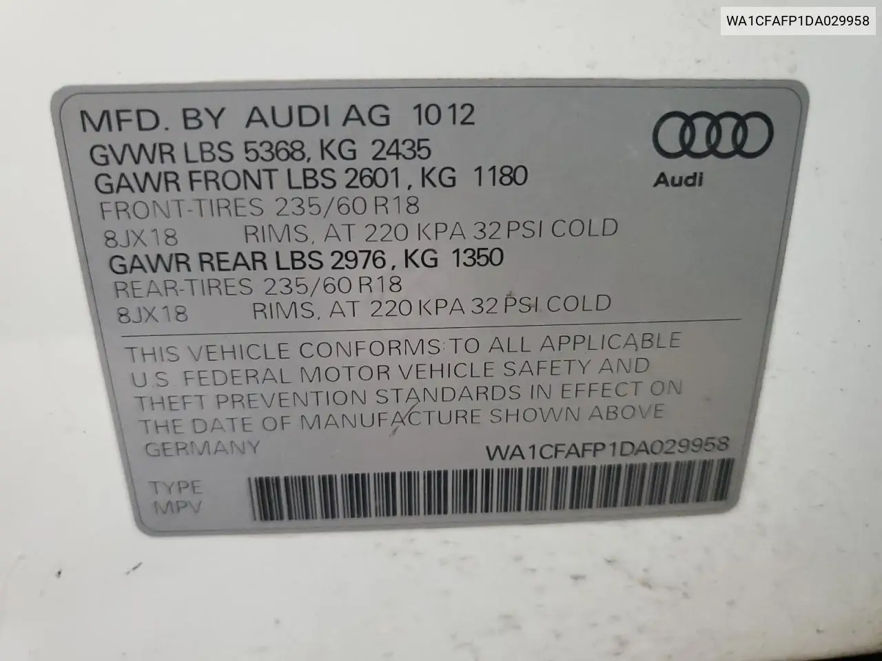 2013 Audi Q5 Premium VIN: WA1CFAFP1DA029958 Lot: 63048515