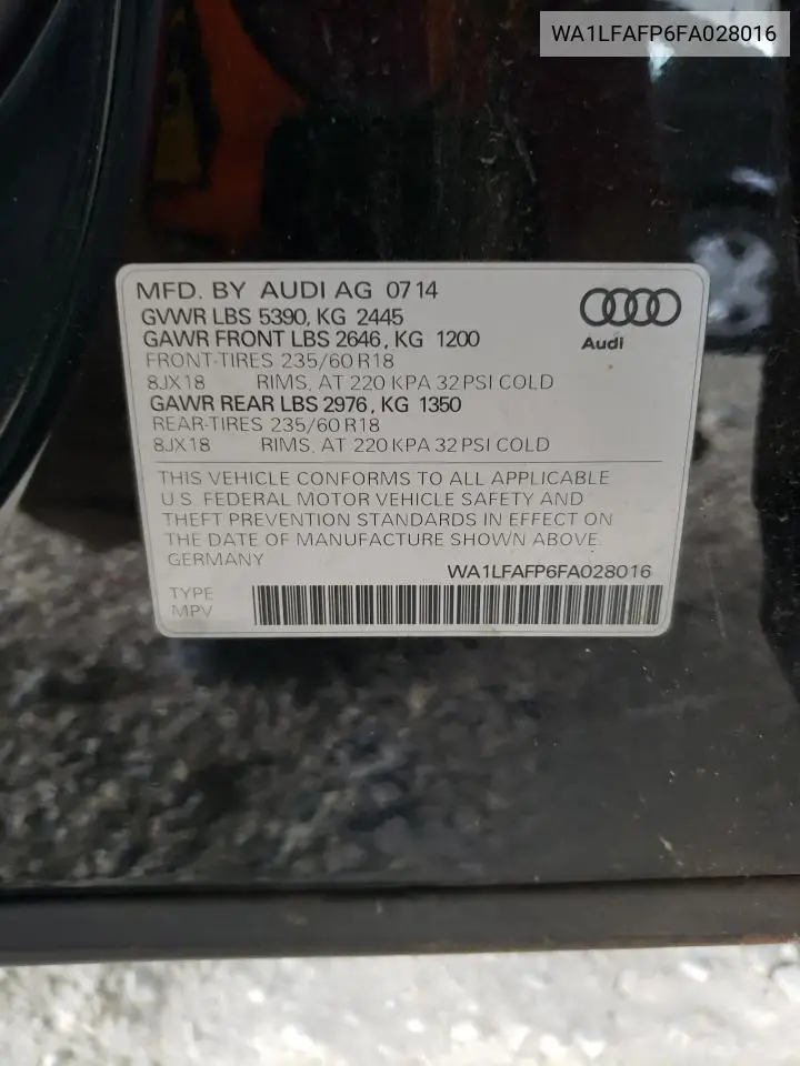 2015 Audi Q5 Premium Plus VIN: WA1LFAFP6FA028016 Lot: 64020755