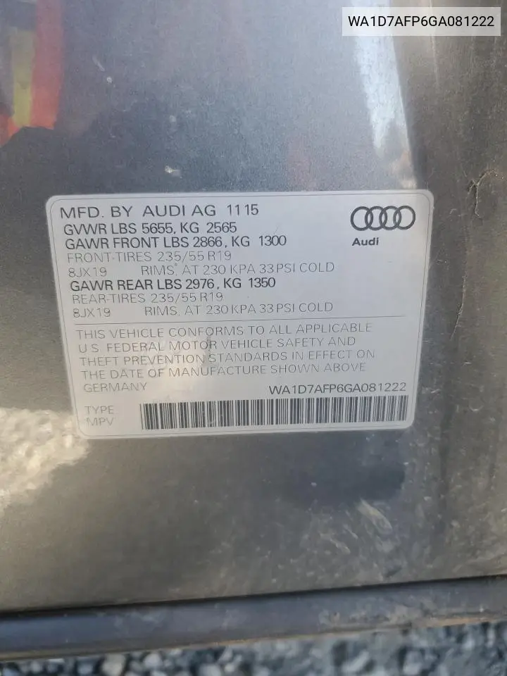 2016 Audi Q5 Premium Plus S-Line VIN: WA1D7AFP6GA081222 Lot: 62785845