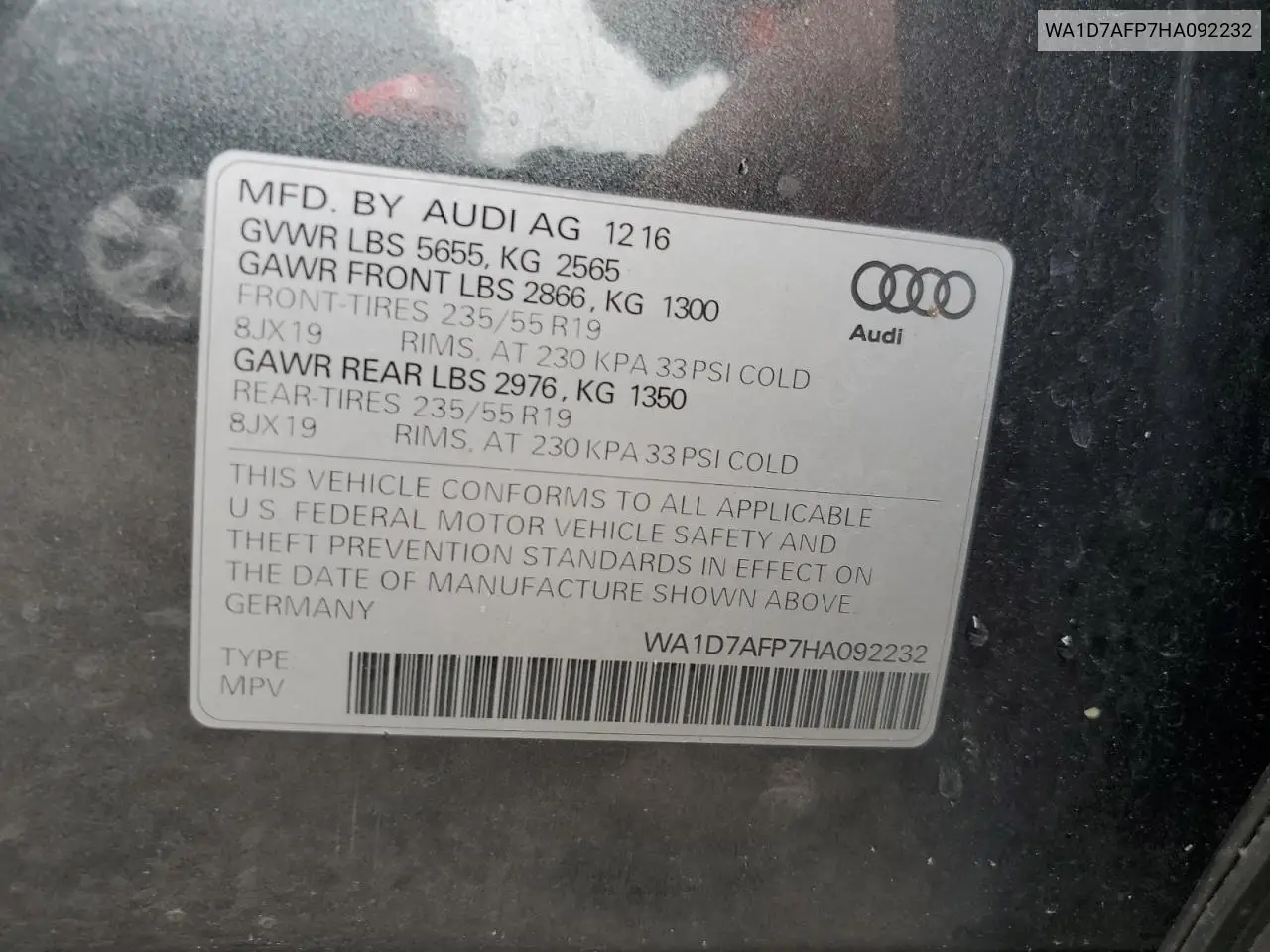 2017 Audi Q5 Premium Plus S-Line VIN: WA1D7AFP7HA092232 Lot: 56381355