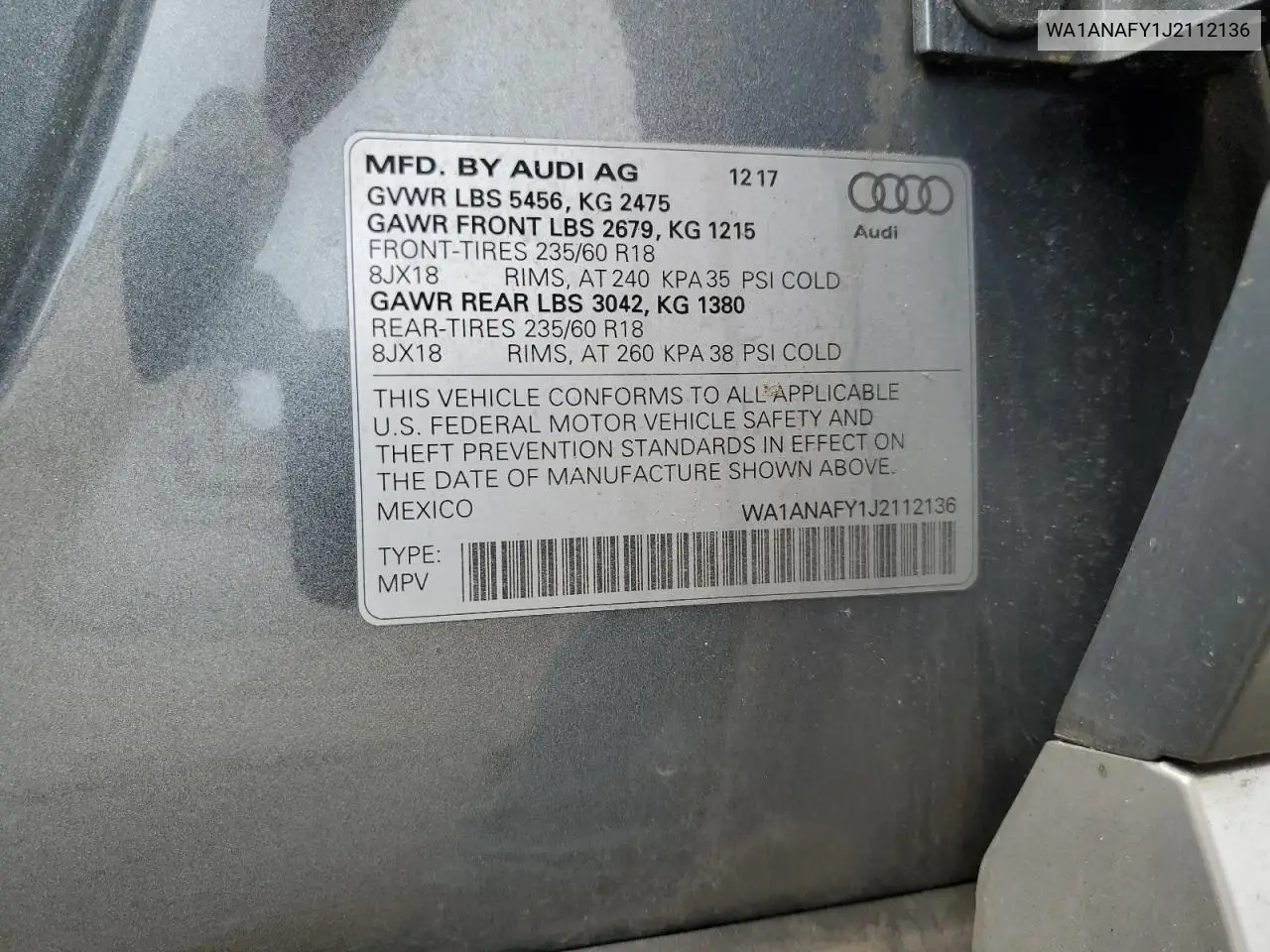 2018 Audi Q5 Premium VIN: WA1ANAFY1J2112136 Lot: 62955165