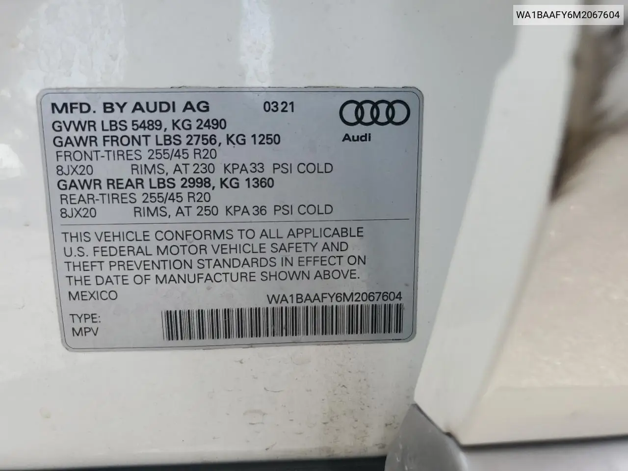 2021 Audi Q5 Premium Plus VIN: WA1BAAFY6M2067604 Lot: 64240185