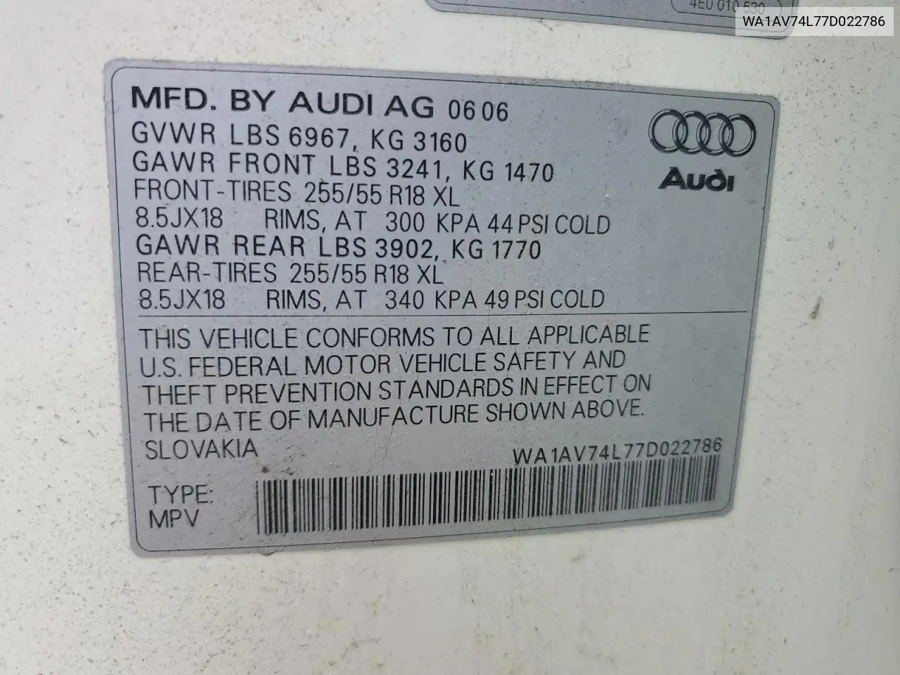 2007 Audi Q7 4.2 Quattro VIN: WA1AV74L77D022786 Lot: 62660225