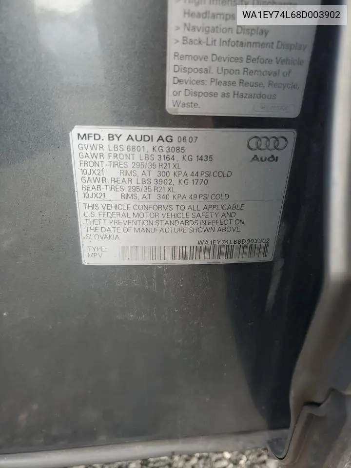 2008 Audi Q7 3.6 Quattro Premium S-Line VIN: WA1EY74L68D003902 Lot: 64264045