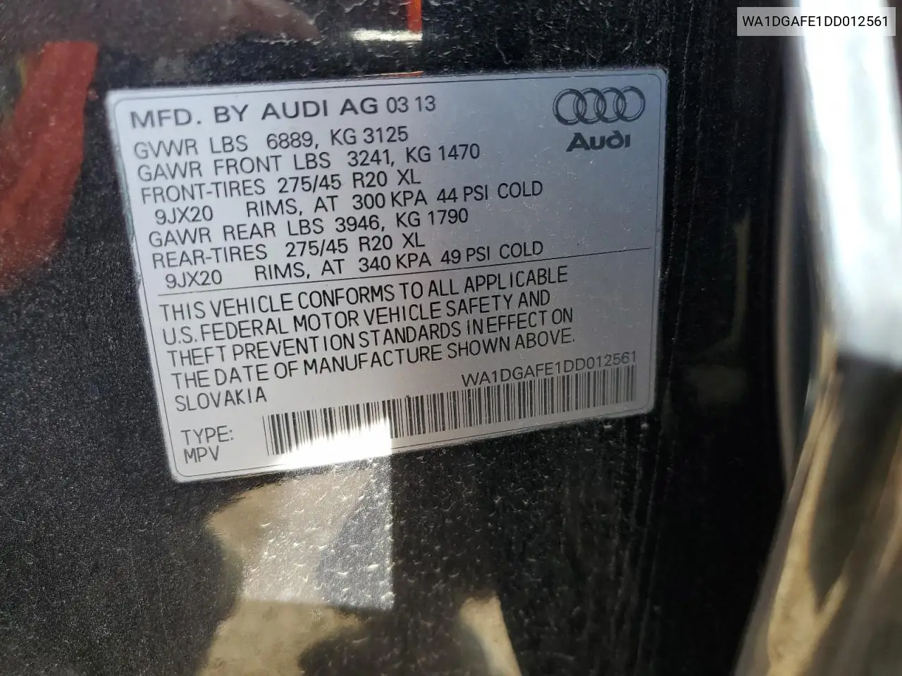 2013 Audi Q7 Prestige VIN: WA1DGAFE1DD012561 Lot: 57043265