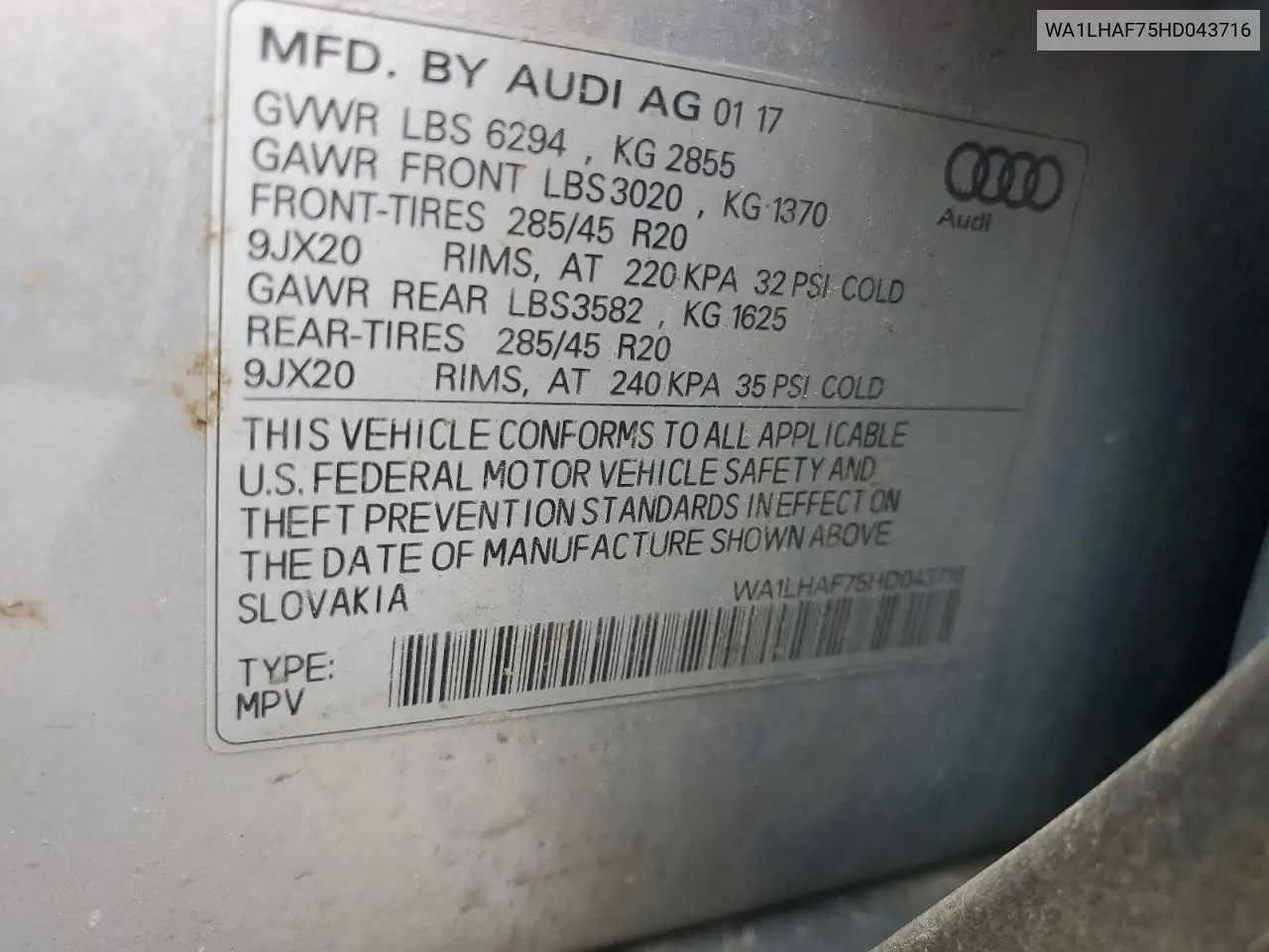 2017 Audi Q7 Premium Plus VIN: WA1LHAF75HD043716 Lot: 61572205