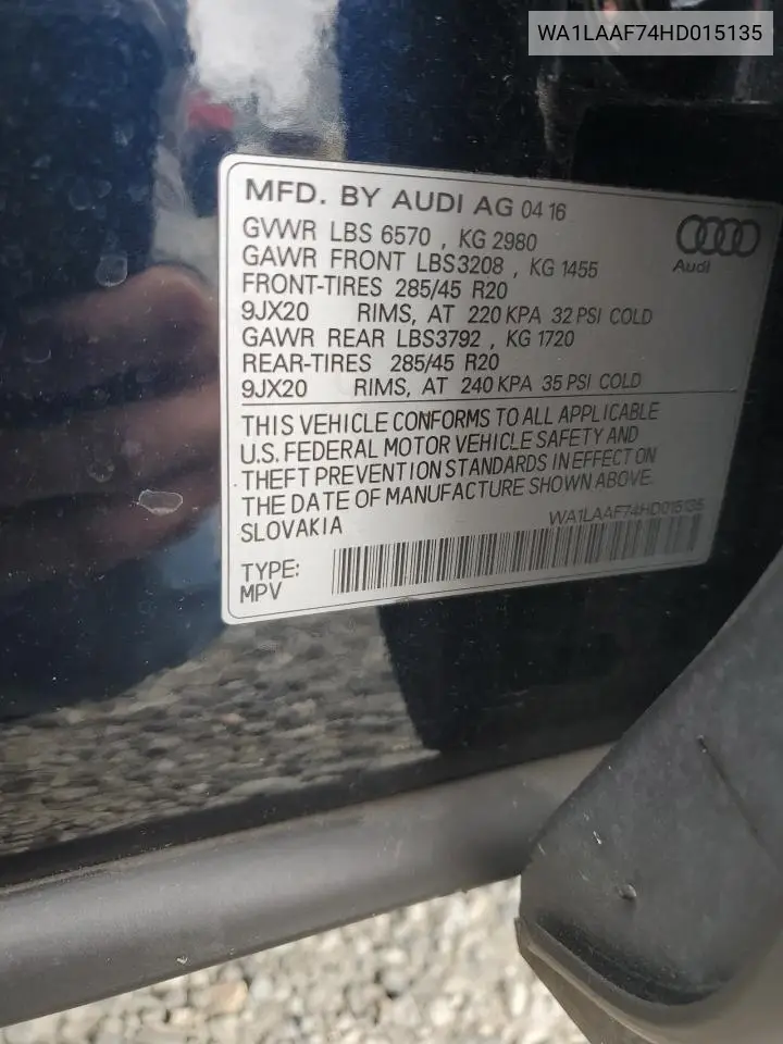2017 Audi Q7 Premium Plus VIN: WA1LAAF74HD015135 Lot: 62217585