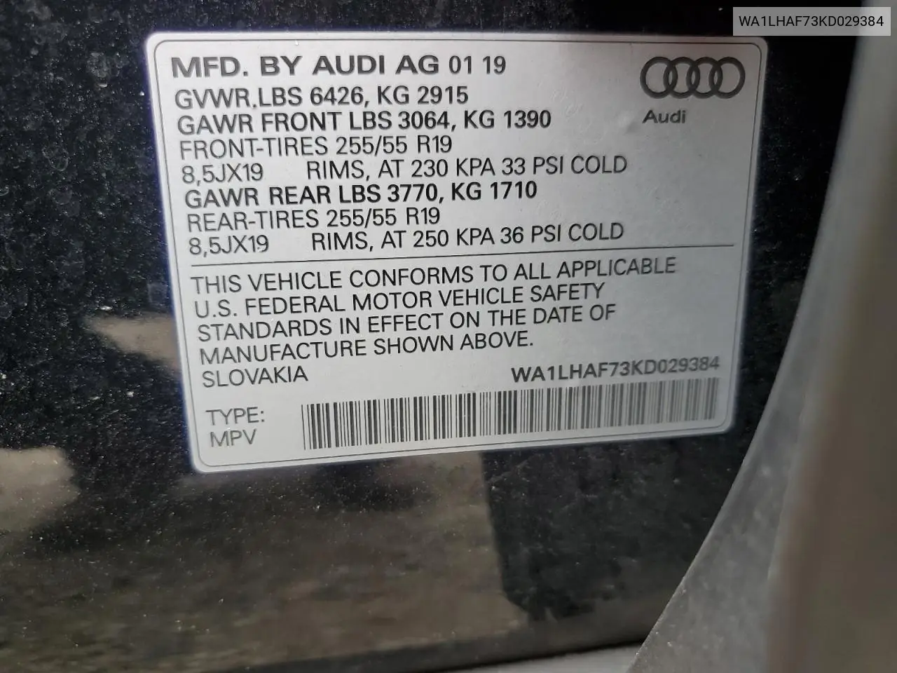 2019 Audi Q7 Premium Plus VIN: WA1LHAF73KD029384 Lot: 56957475