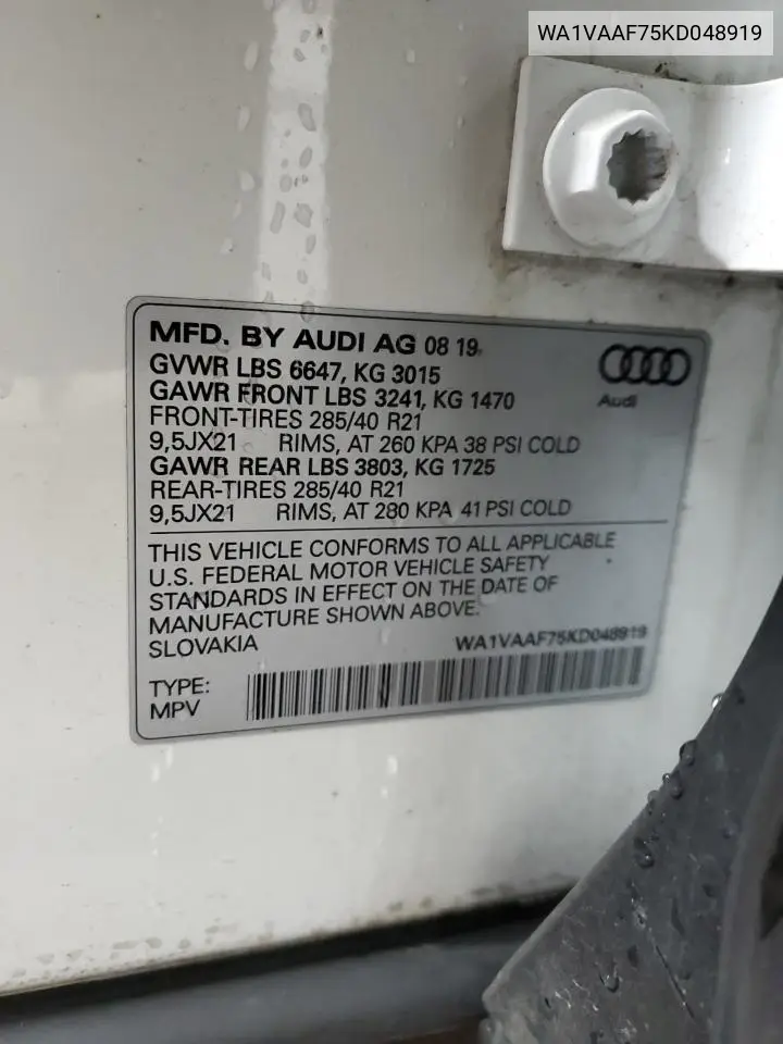 2019 Audi Q7 Prestige VIN: WA1VAAF75KD048919 Lot: 62927425