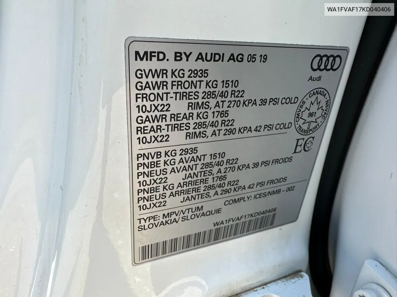 2019 Audi Q8 Prestige S-Line VIN: WA1FVAF17KD040406 Lot: 57042155