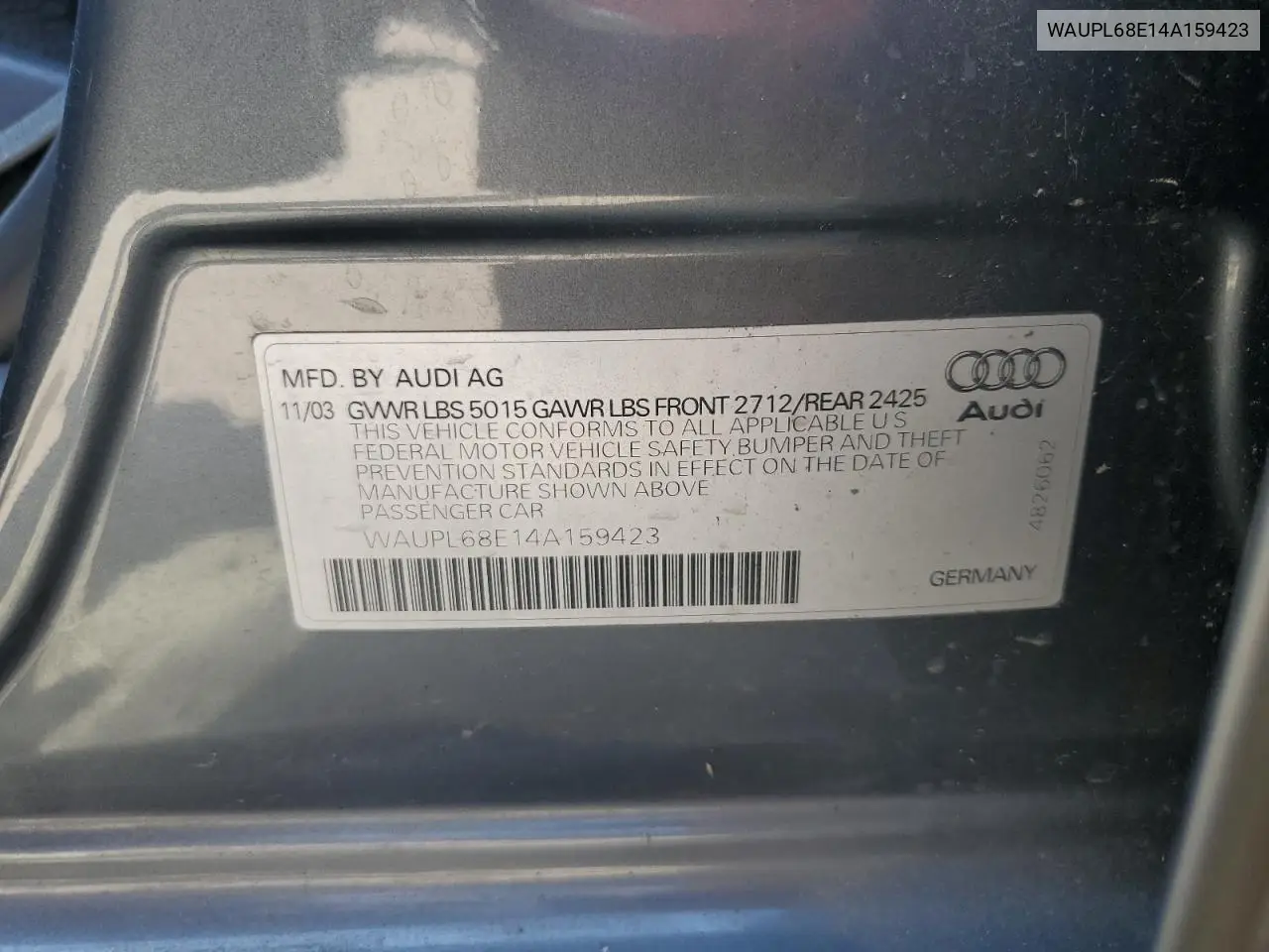 2004 Audi S4 VIN: WAUPL68E14A159423 Lot: 62307735