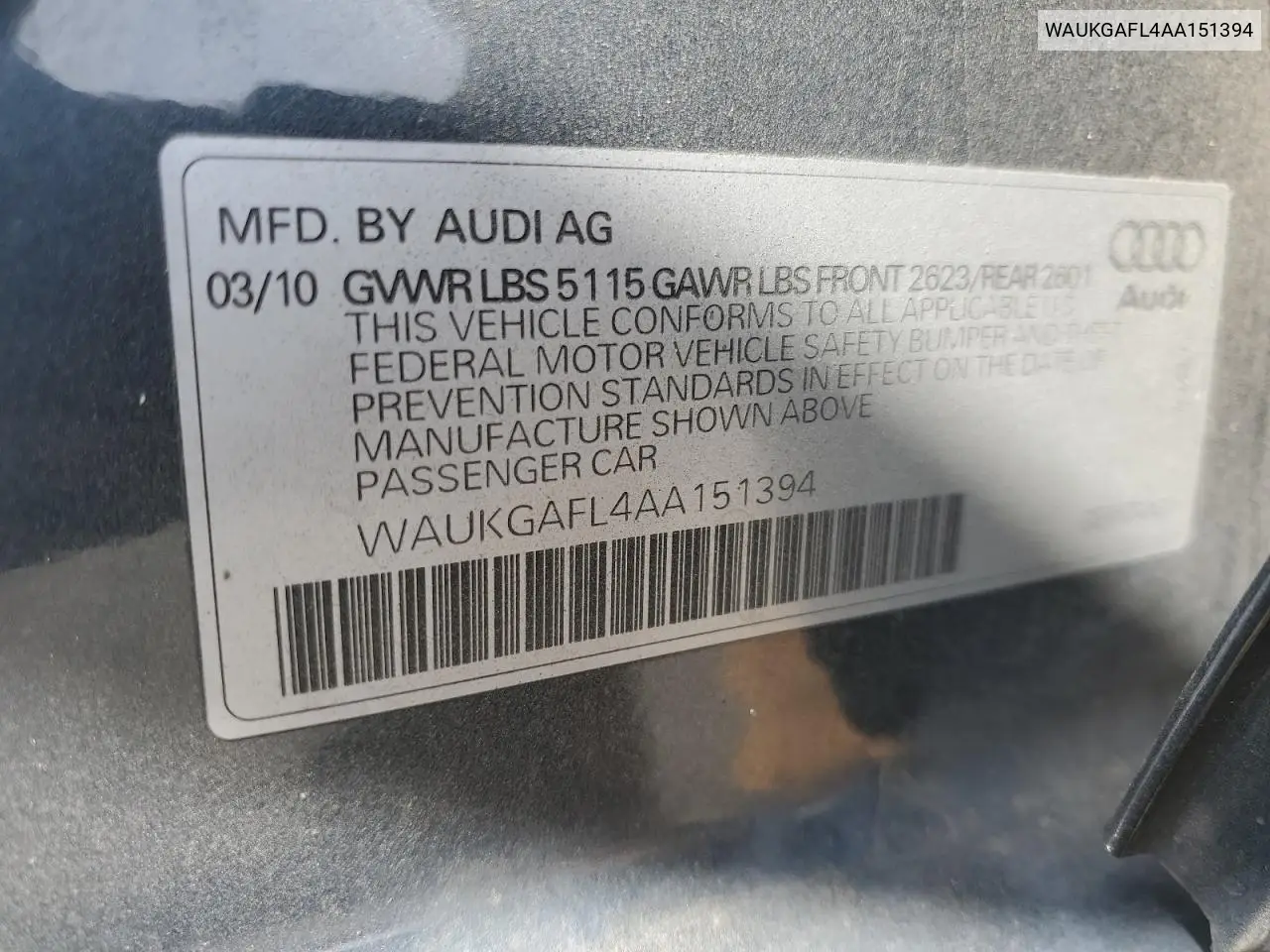 2010 Audi S4 Prestige VIN: WAUKGAFL4AA151394 Lot: 61215375