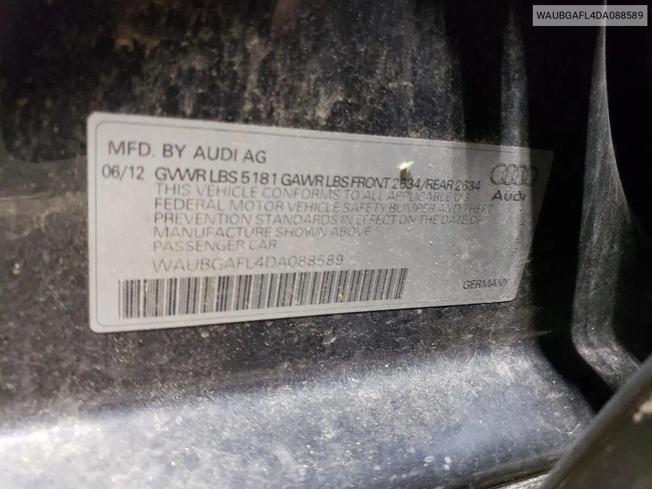 2013 Audi S4 Premium Plus VIN: WAUBGAFL4DA088589 Lot: 60080445