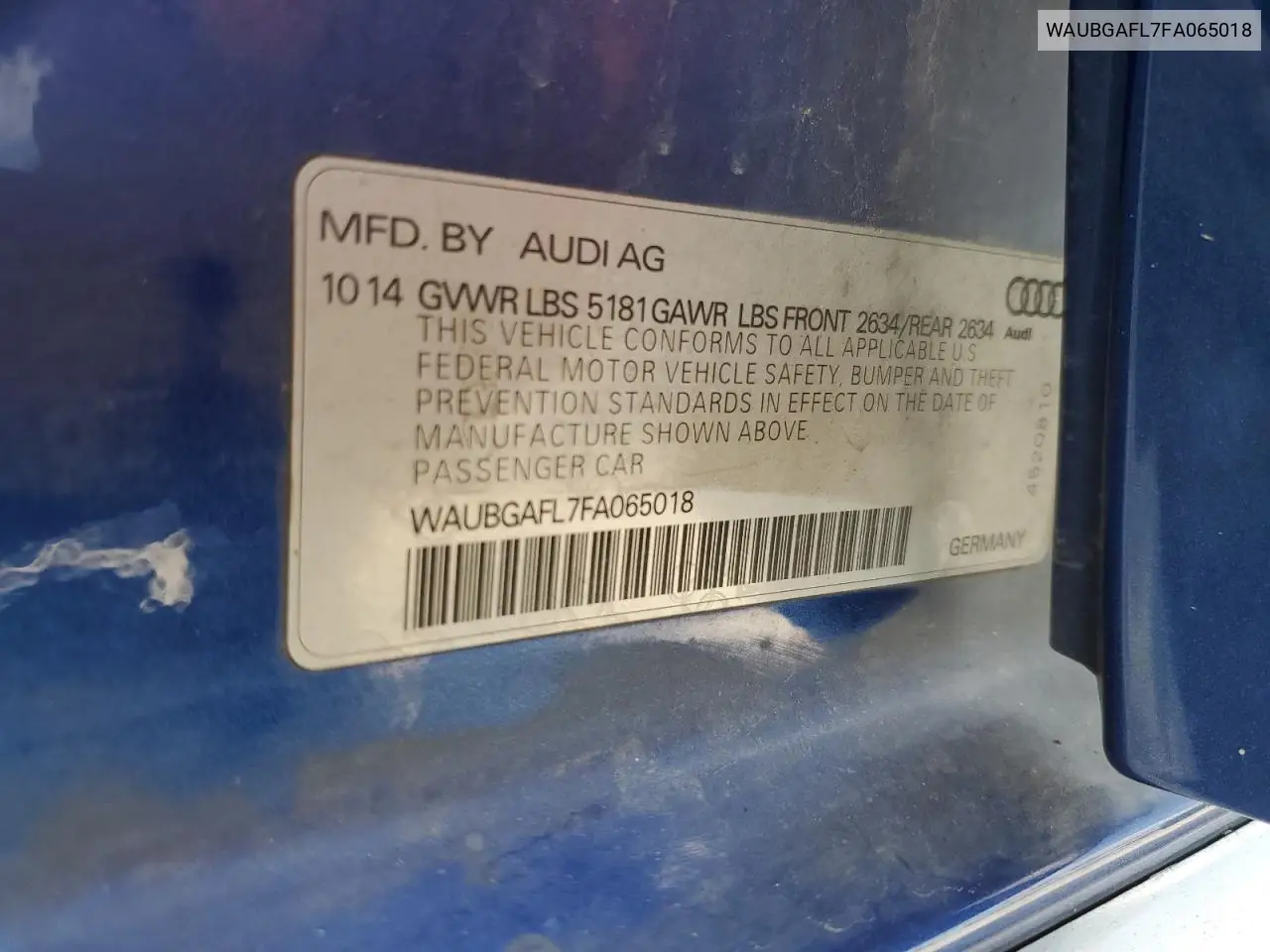 2015 Audi S4 Premium Plus VIN: WAUBGAFL7FA065018 Lot: 58591495