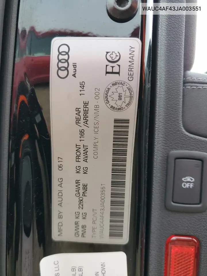 2018 Audi S4 Prestige VIN: WAUC4AF43JA003551 Lot: 52701175