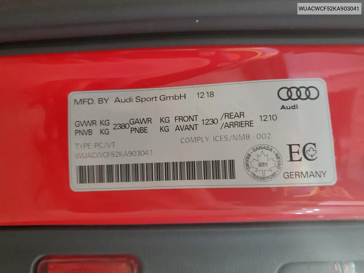 2019 Audi Rs5 VIN: WUACWCF52KA903041 Lot: 61562145
