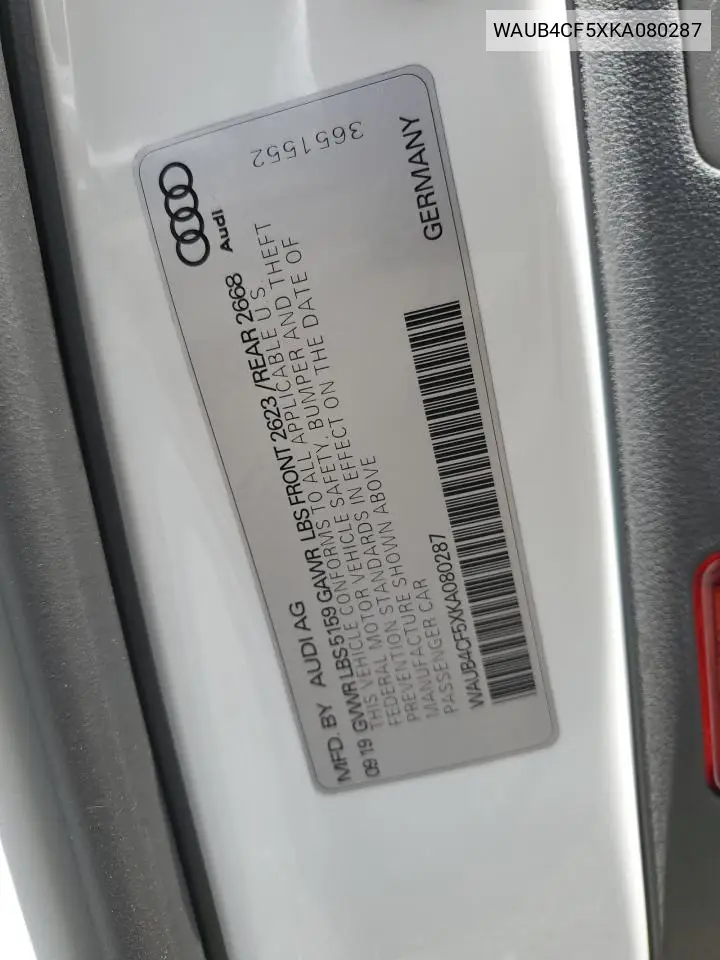 2019 Audi S5 Premium Plus VIN: WAUB4CF5XKA080287 Lot: 62570145