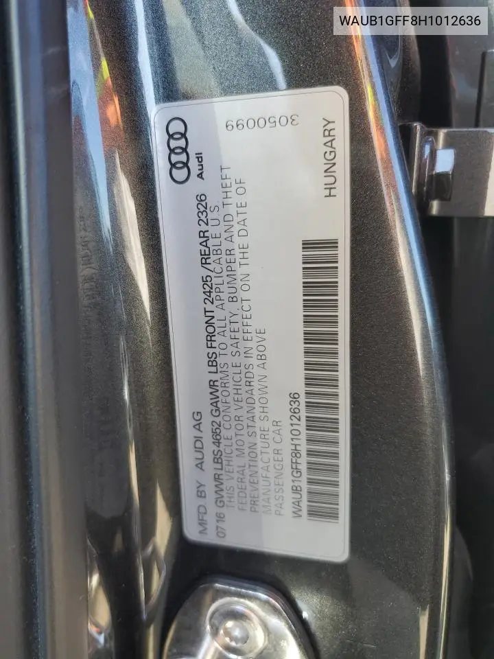 2017 Audi S3 Premium Plus VIN: WAUB1GFF8H1012636 Lot: 56380605