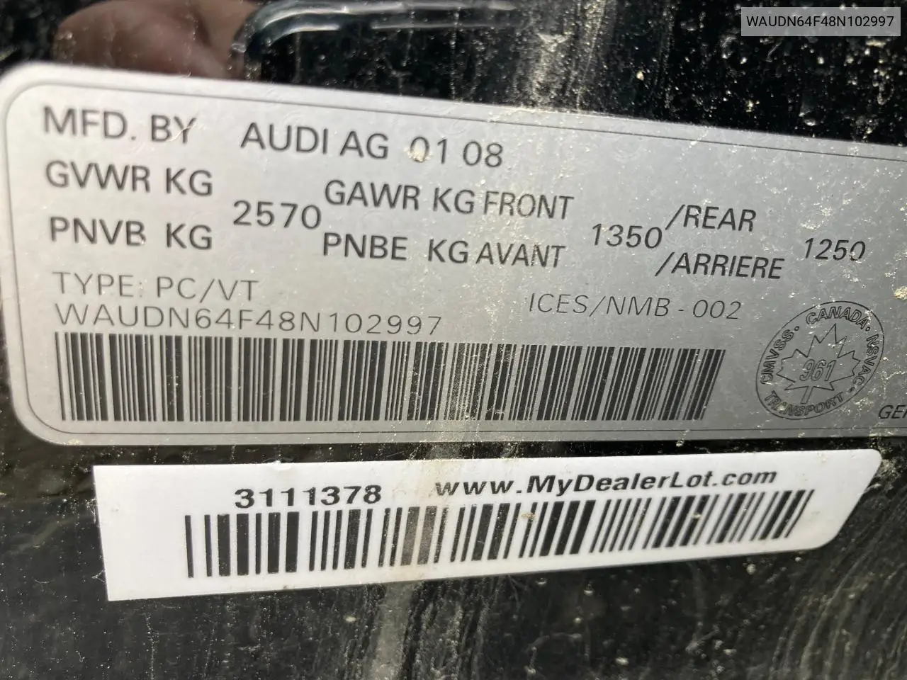 2008 Audi S6 Quattro VIN: WAUDN64F48N102997 Lot: 55428615