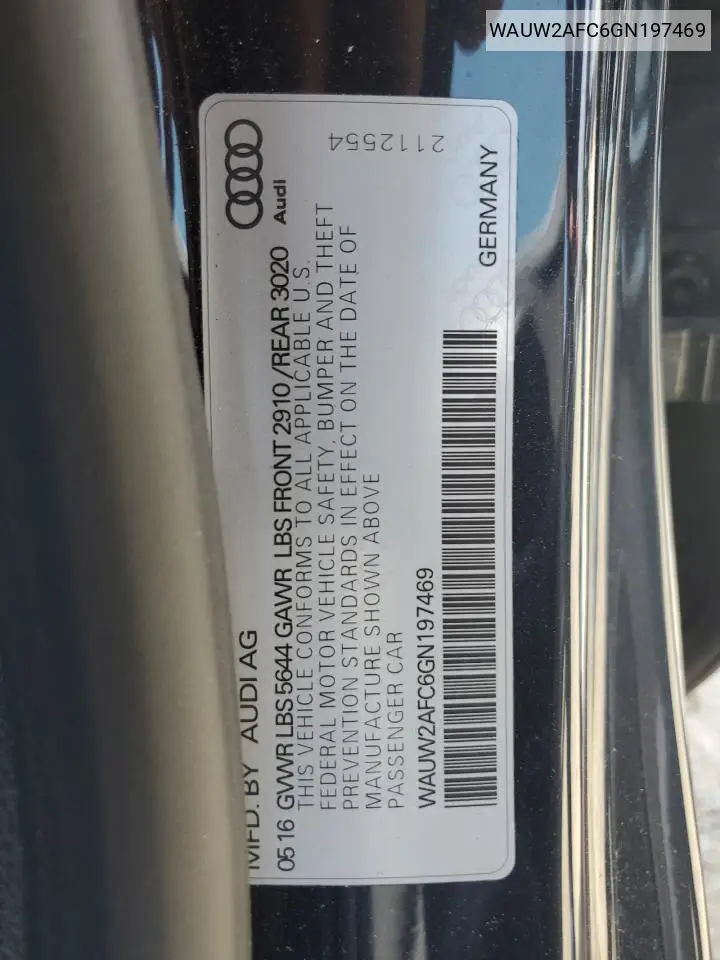 2016 Audi S7 Prestige VIN: WAUW2AFC6GN197469 Lot: 53801305