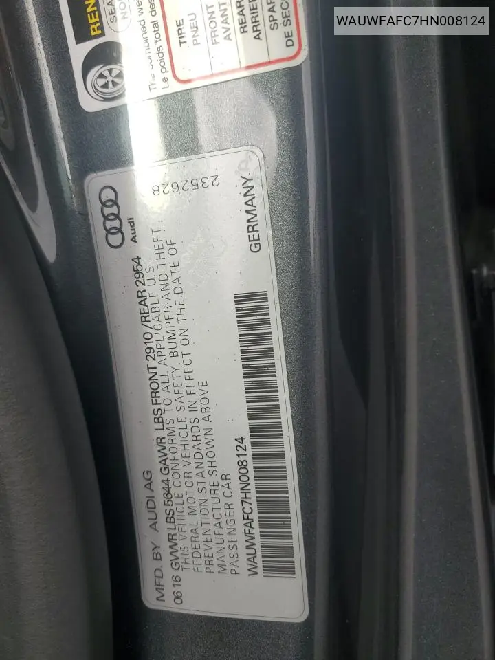 2017 Audi S7 Premium Plus VIN: WAUWFAFC7HN008124 Lot: 60535305