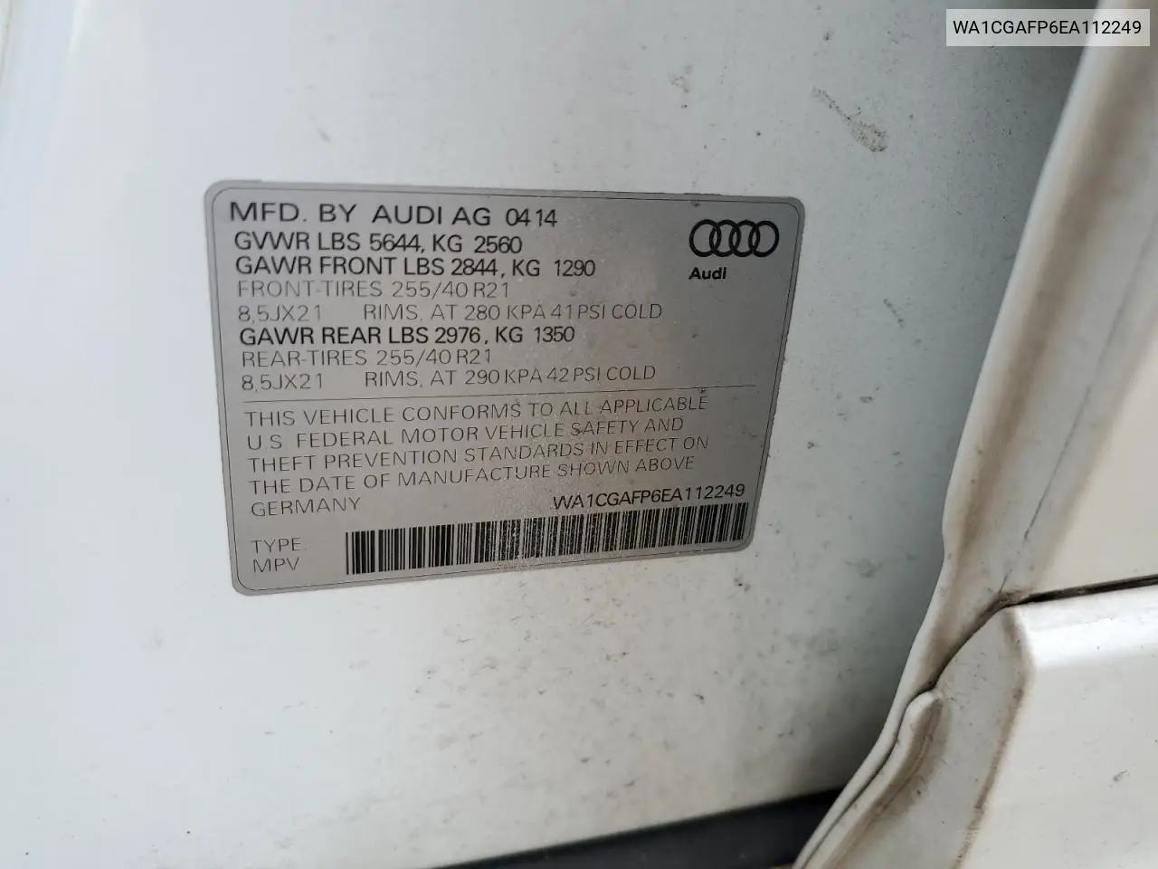 2014 Audi Sq5 Premium Plus VIN: WA1CGAFP6EA112249 Lot: 56583755