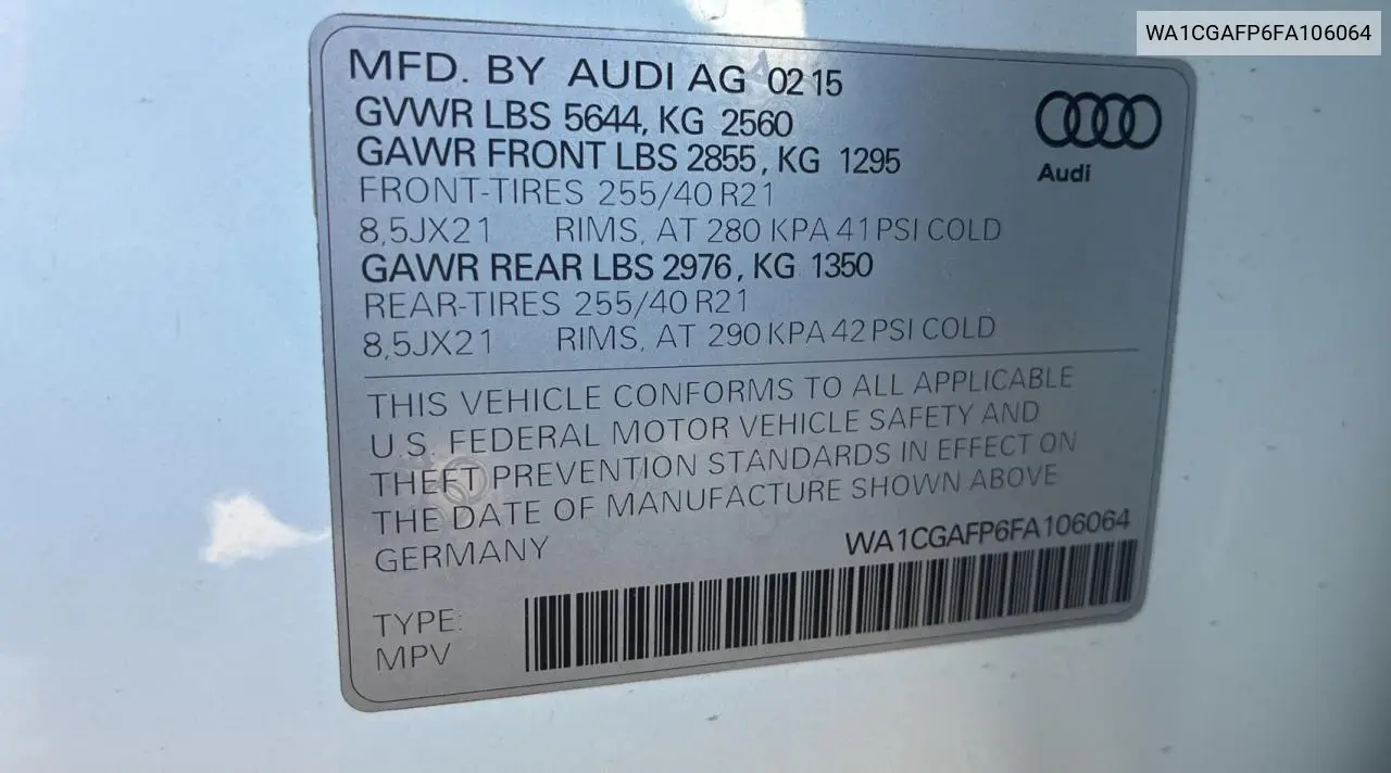 2015 Audi Sq5 Premium Plus VIN: WA1CGAFP6FA106064 Lot: 56433725