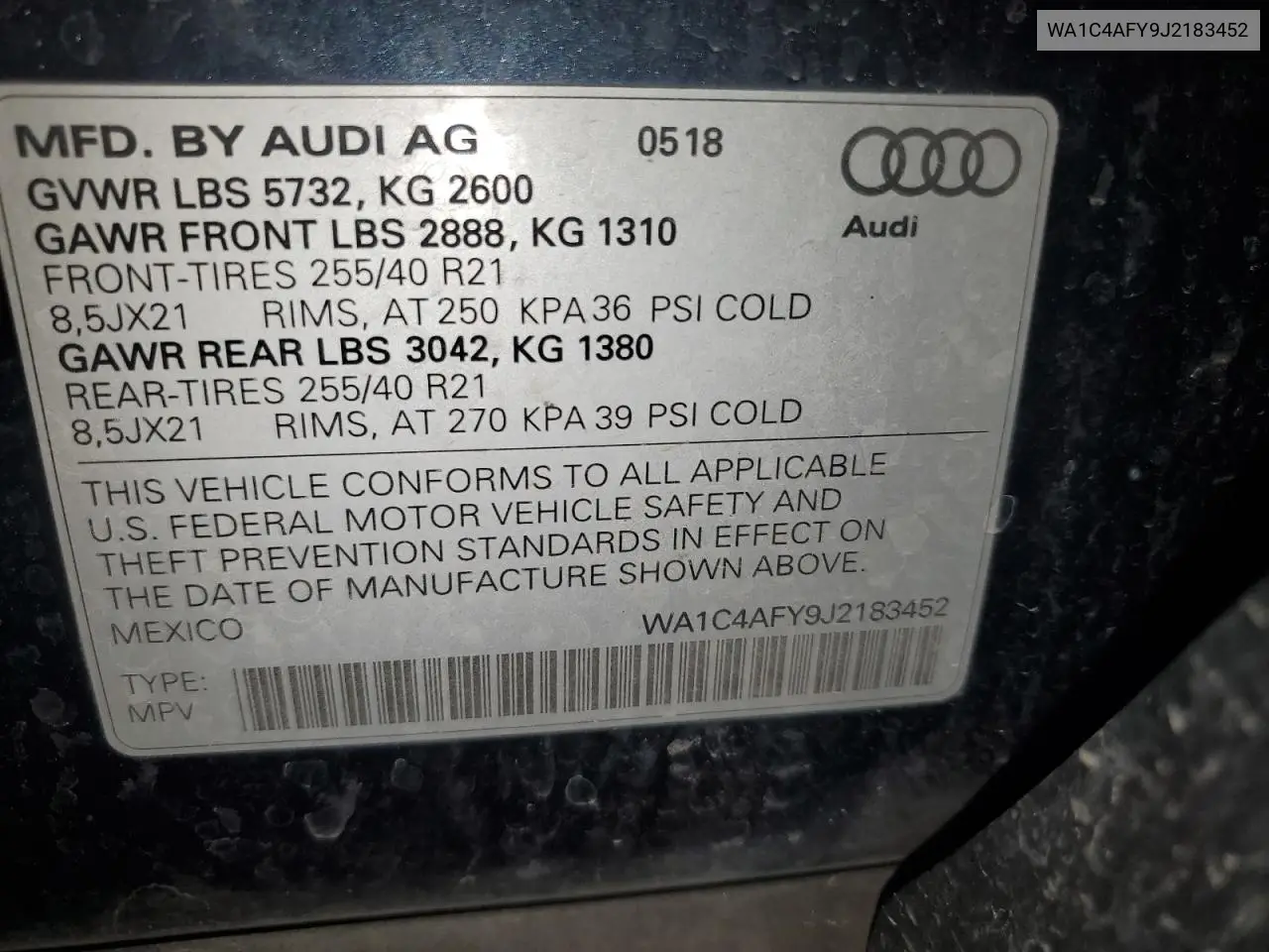 2018 Audi Sq5 Prestige VIN: WA1C4AFY9J2183452 Lot: 55599815