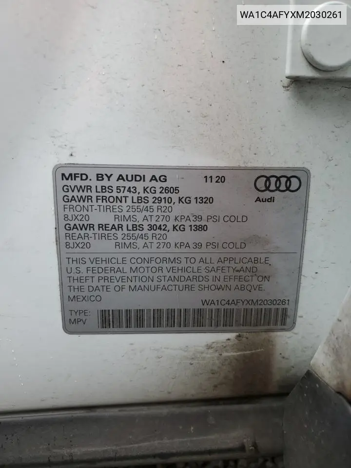 2021 Audi Sq5 Prestige VIN: WA1C4AFYXM2030261 Lot: 56574095