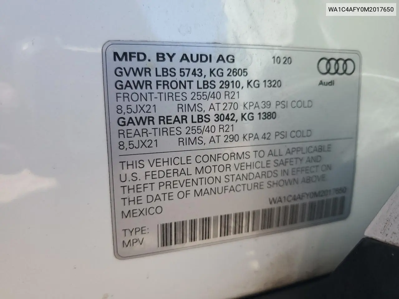 2021 Audi Sq5 Prestige VIN: WA1C4AFY0M2017650 Lot: 61756115