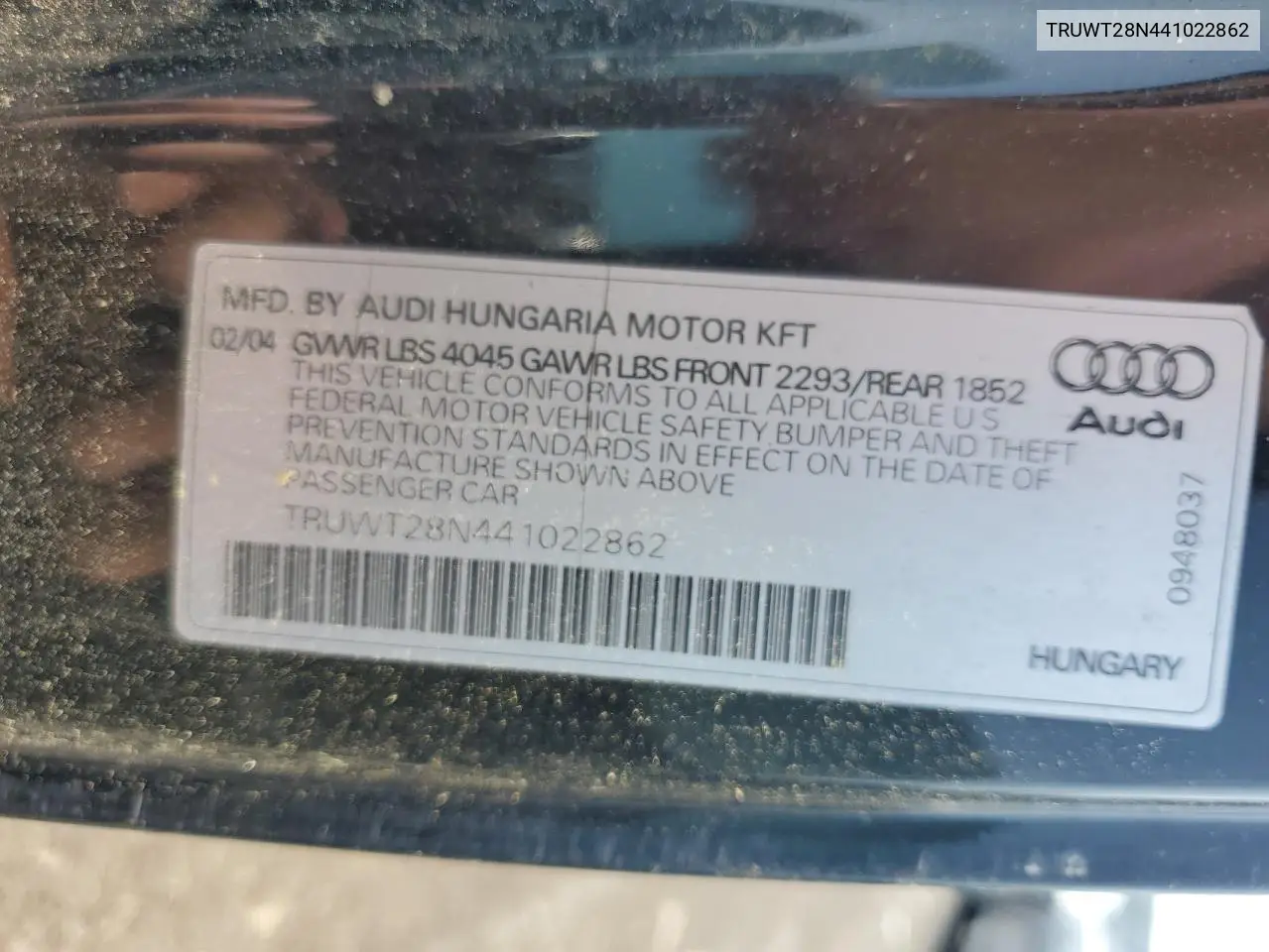 2004 Audi Tt Quattro VIN: TRUWT28N441022862 Lot: 60462085