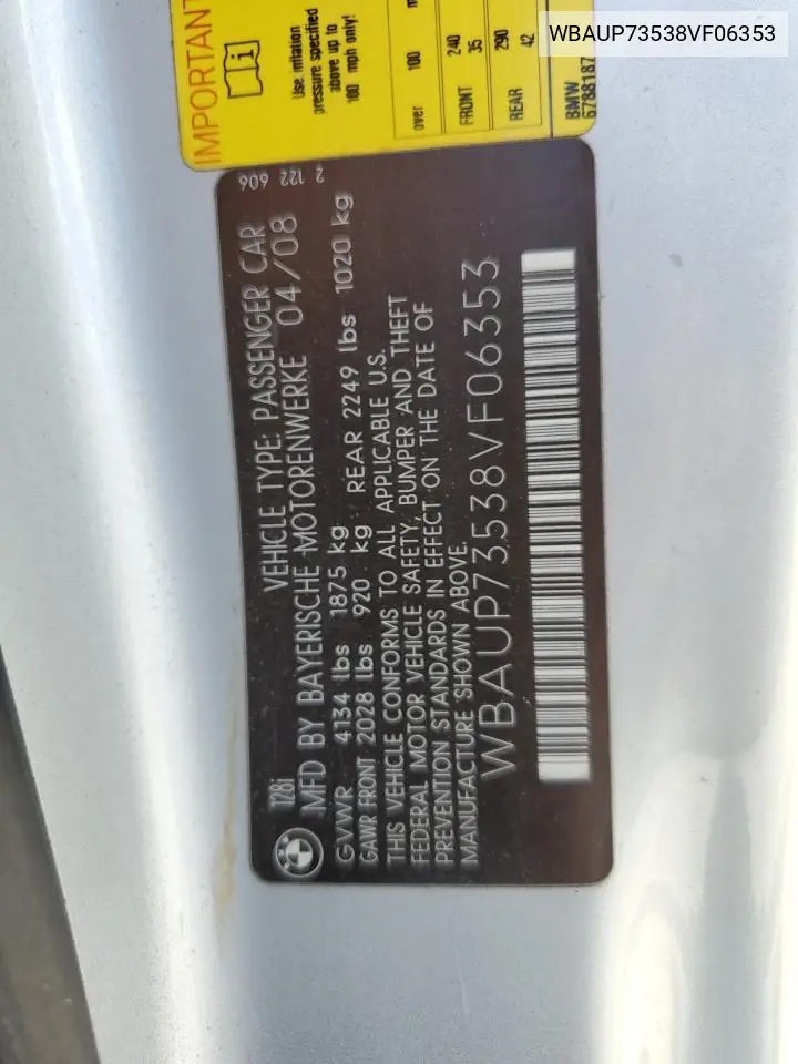 2008 BMW 128 I VIN: WBAUP73538VF06353 Lot: 61544775