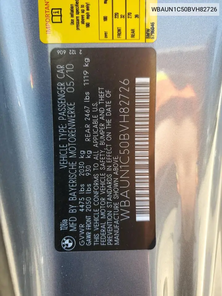 2011 BMW 128 I VIN: WBAUN1C50BVH82726 Lot: 62719115