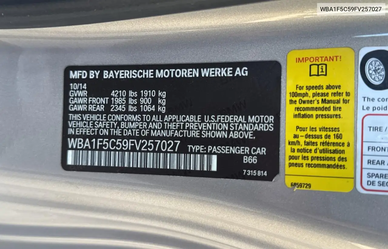 2015 BMW 228 I VIN: WBA1F5C59FV257027 Lot: 62222855