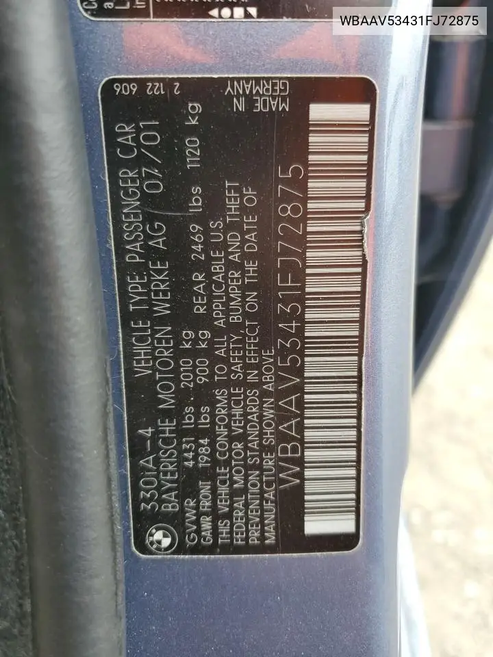 2001 BMW 330 I VIN: WBAAV53431FJ72875 Lot: 61865515