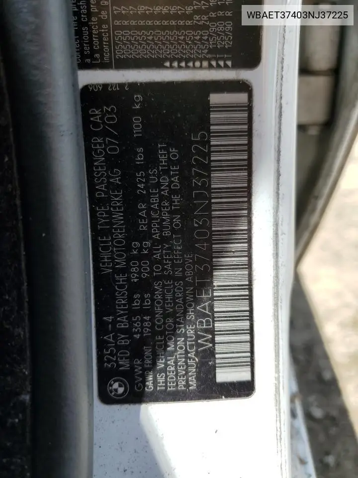 2003 BMW 325 I VIN: WBAET37403NJ37225 Lot: 62713445