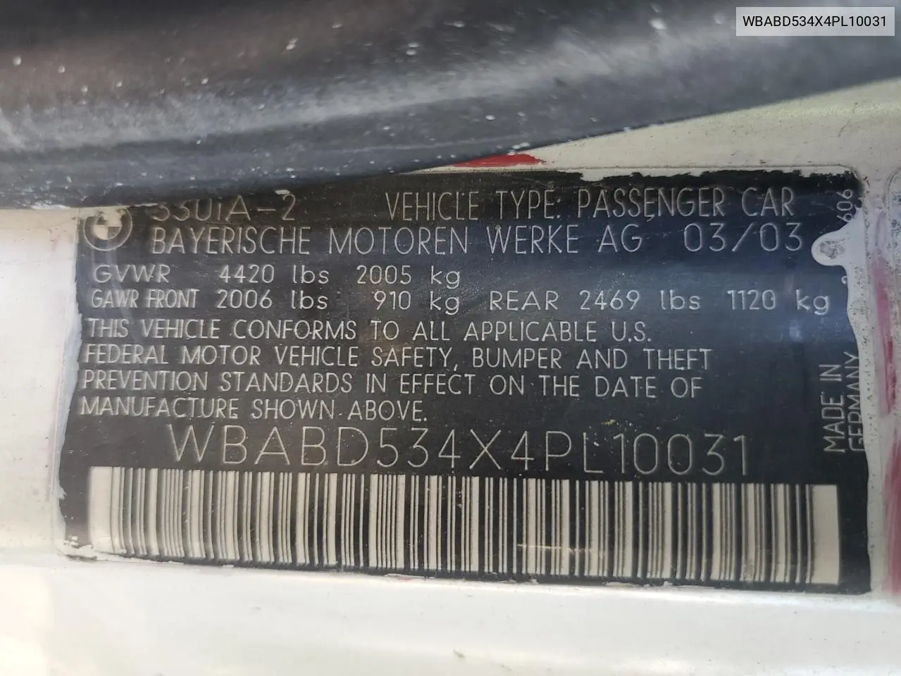 2004 BMW 330 Ci VIN: WBABD534X4PL10031 Lot: 54153485
