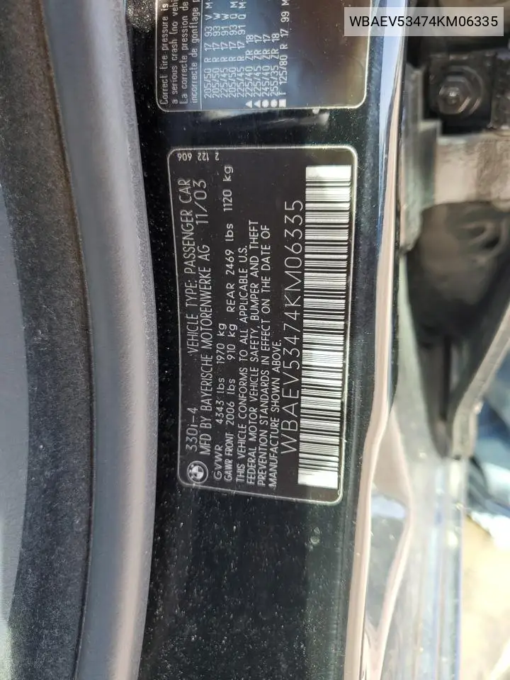 2004 BMW 330 I VIN: WBAEV53474KM06335 Lot: 61869515
