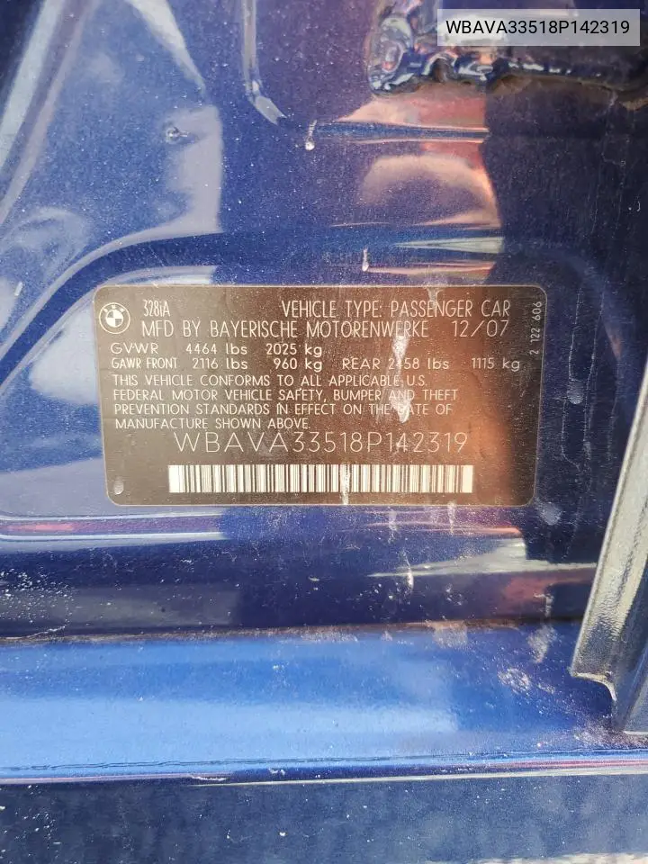 2008 BMW 328 I VIN: WBAVA33518P142319 Lot: 57081045