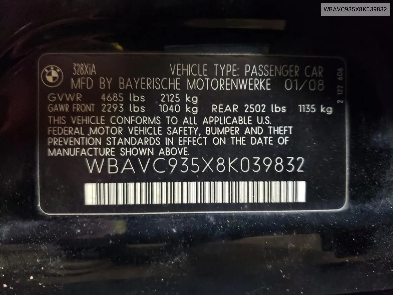 2008 BMW 328 Xi VIN: WBAVC935X8K039832 Lot: 66166995