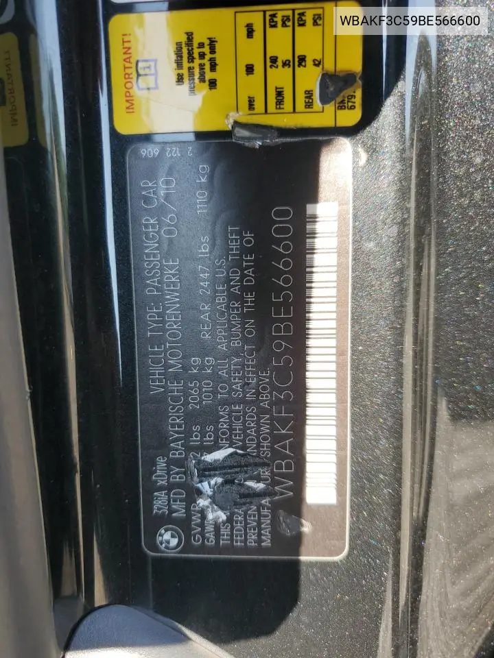 2011 BMW 328 Xi VIN: WBAKF3C59BE566600 Lot: 61878445