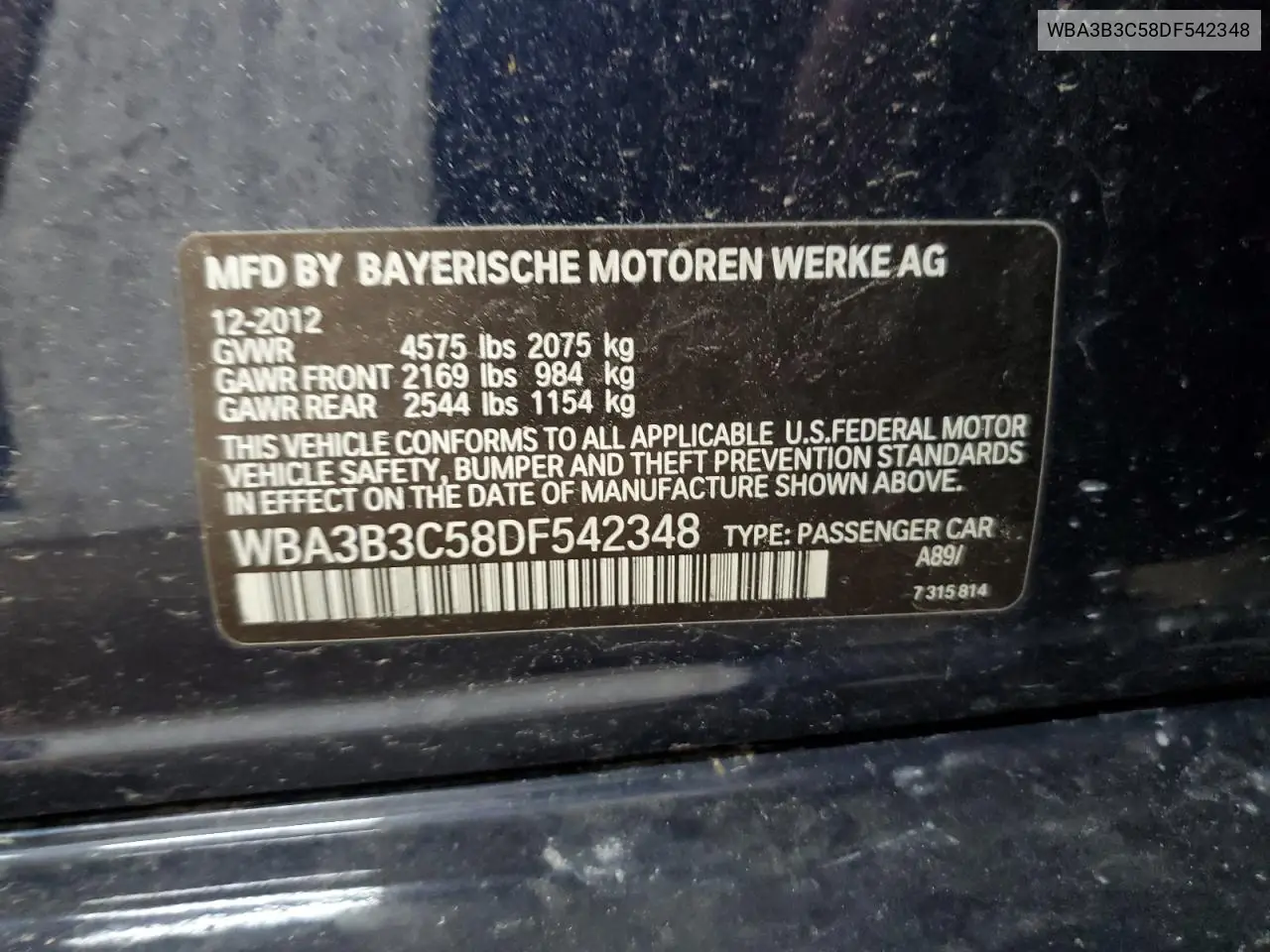 2013 BMW 328 Xi VIN: WBA3B3C58DF542348 Lot: 62303875