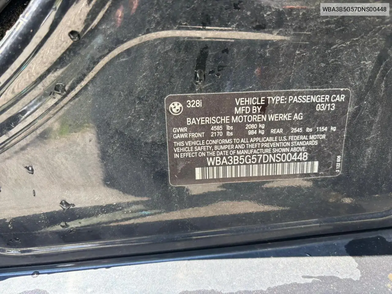 2013 BMW 328 Xi Sulev VIN: WBA3B5G57DNS00448 Lot: 63165005