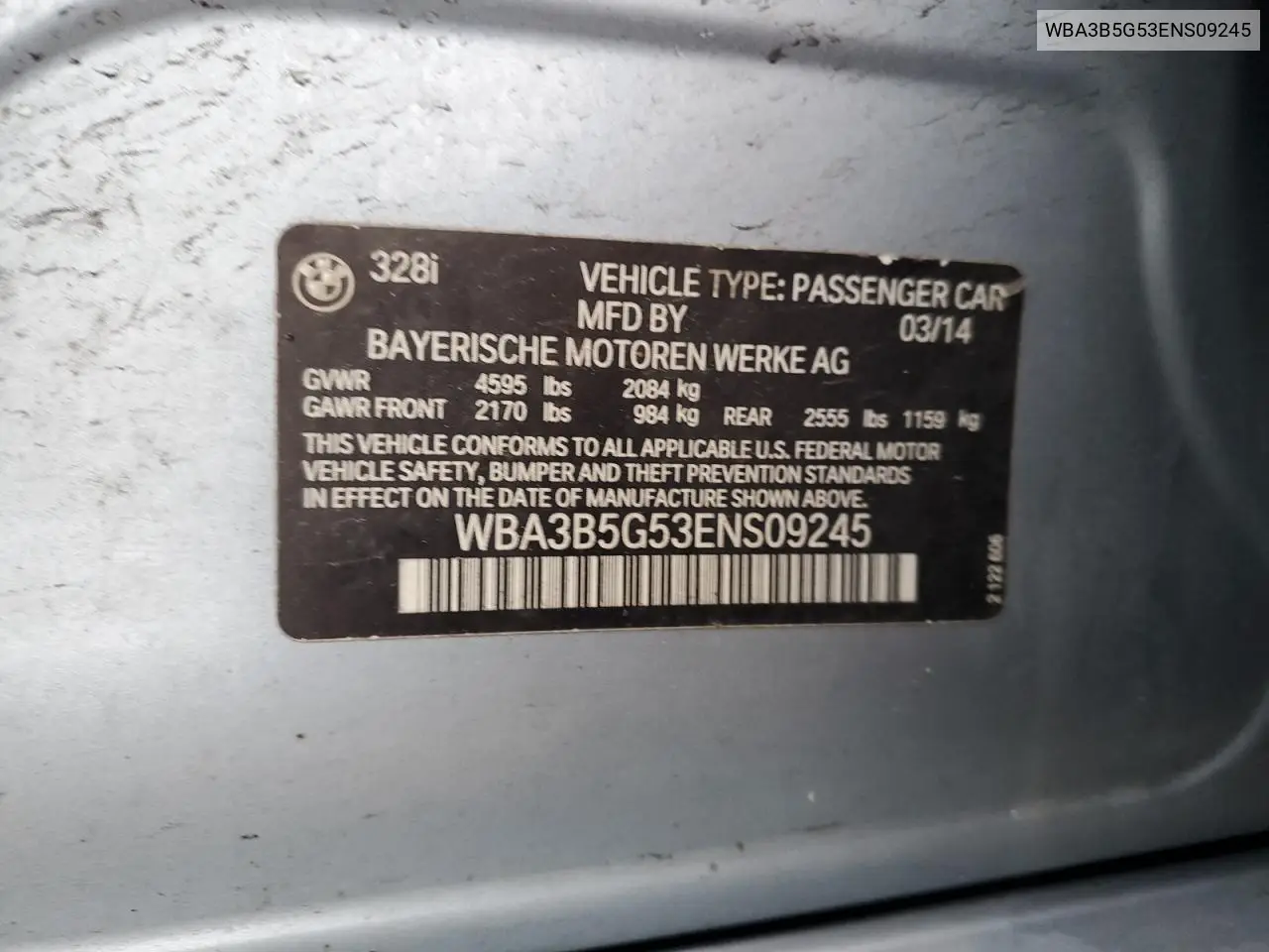 2014 BMW 328 Xi Sulev VIN: WBA3B5G53ENS09245 Lot: 56601155